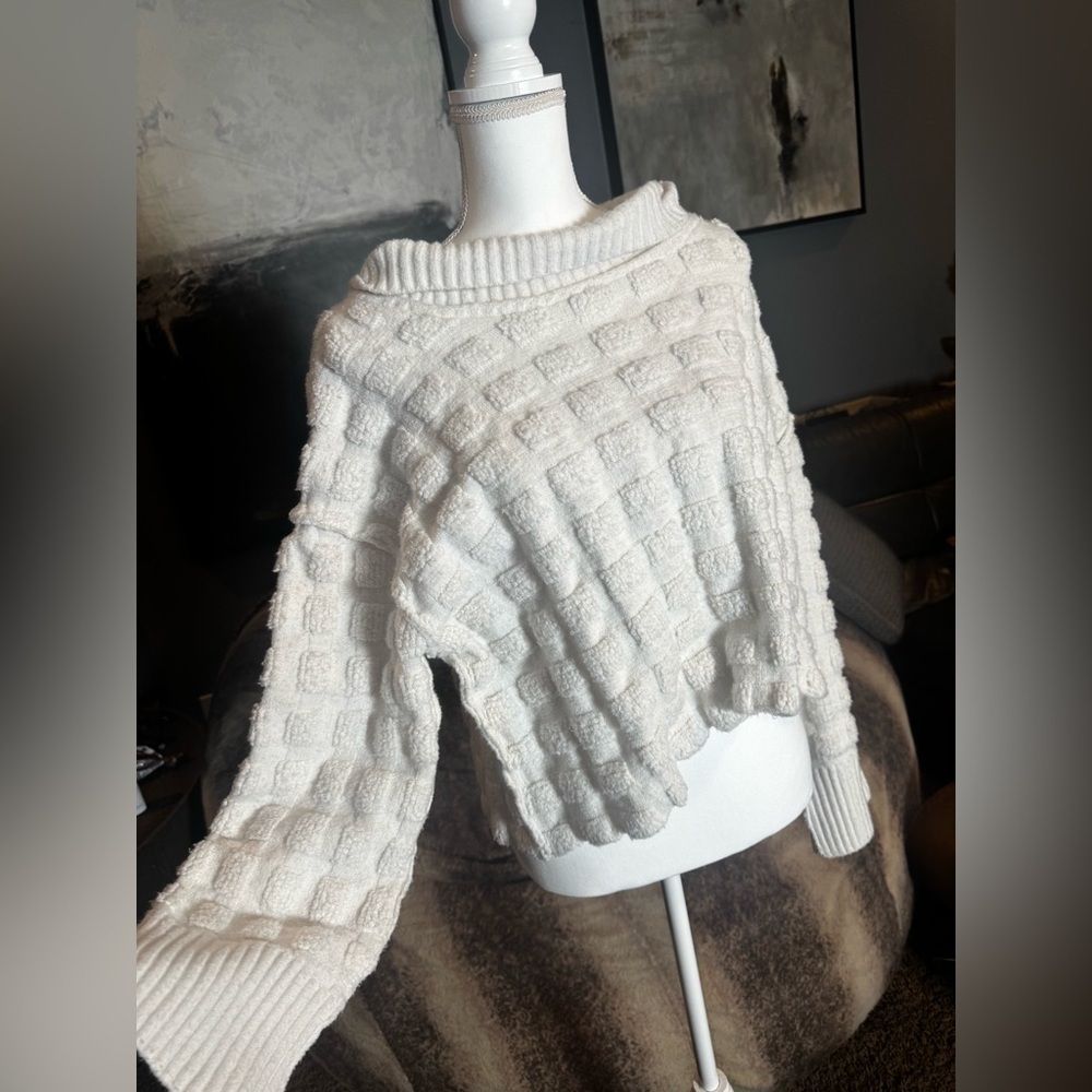 Free People Cropped Textured Sweater Ivory Mock Neck Waffle Knit M